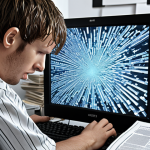 **A person overwhelmed by a flood of digital information on a computer screen, struggling to filter through data. Focus on the feeling of being overwhelmed with an emphasis on information overload and digital clutter.**