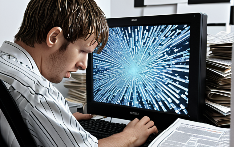 **A person overwhelmed by a flood of digital information on a computer screen, struggling to filter through data. Focus on the feeling of being overwhelmed with an emphasis on information overload and digital clutter.**