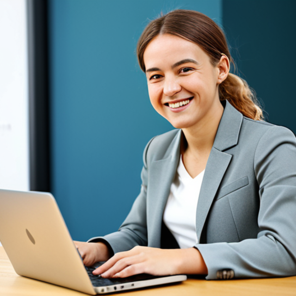 **
A young professional woman, smartly dressed in a business casual outfit (blazer, blouse, tailored trousers), sitting at a modern desk in a bright, minimalist co-working space. She's smiling confidently while working on a laptop. The background includes blurred figures of other professionals collaborating. *Safe for work*, *appropriate content*, *fully clothed*, *professional*, *perfect anatomy*, *natural proportions*, *high quality*, showing the benefits of online learning for career advancement. Include subtle branding for a fictional German online learning platform focused on "Weiterbildung."
**