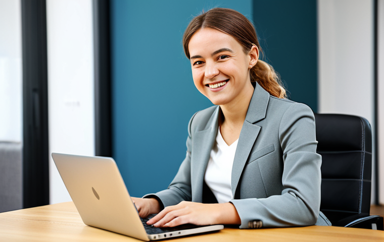 **
A young professional woman, smartly dressed in a business casual outfit (blazer, blouse, tailored trousers), sitting at a modern desk in a bright, minimalist co-working space. She's smiling confidently while working on a laptop. The background includes blurred figures of other professionals collaborating. *Safe for work*, *appropriate content*, *fully clothed*, *professional*, *perfect anatomy*, *natural proportions*, *high quality*, showing the benefits of online learning for career advancement. Include subtle branding for a fictional German online learning platform focused on "Weiterbildung."
**
