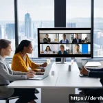 Home 21 효율적인 팀 협업을 위한 온라인 자원 활용 - A modern distributed office environment showing a diverse team of professionals in a video conferenc...