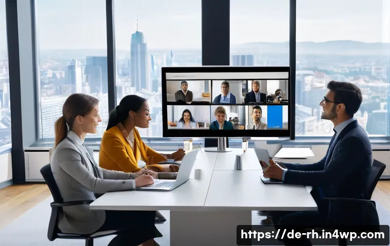 효율적인 팀 협업을 위한 온라인 자원 활용 - A modern distributed office environment showing a diverse team of professionals in a video conferenc...