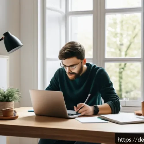 Home 32 온라인 자원 활용을 위한 개별 학습 전략 - A modern, cozy home office scene in a German apartment, featuring a young adult sitting at a minimal...