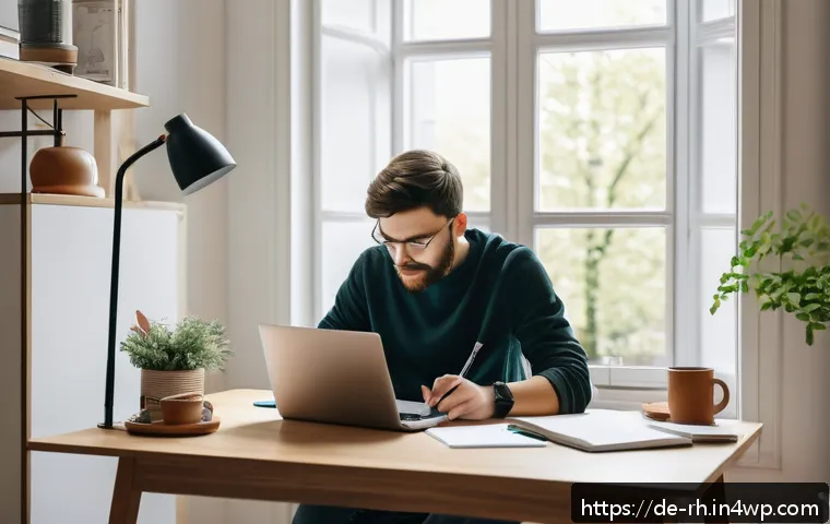온라인 자원 활용을 위한 개별 학습 전략 - A modern, cozy home office scene in a German apartment, featuring a young adult sitting at a minimal...
