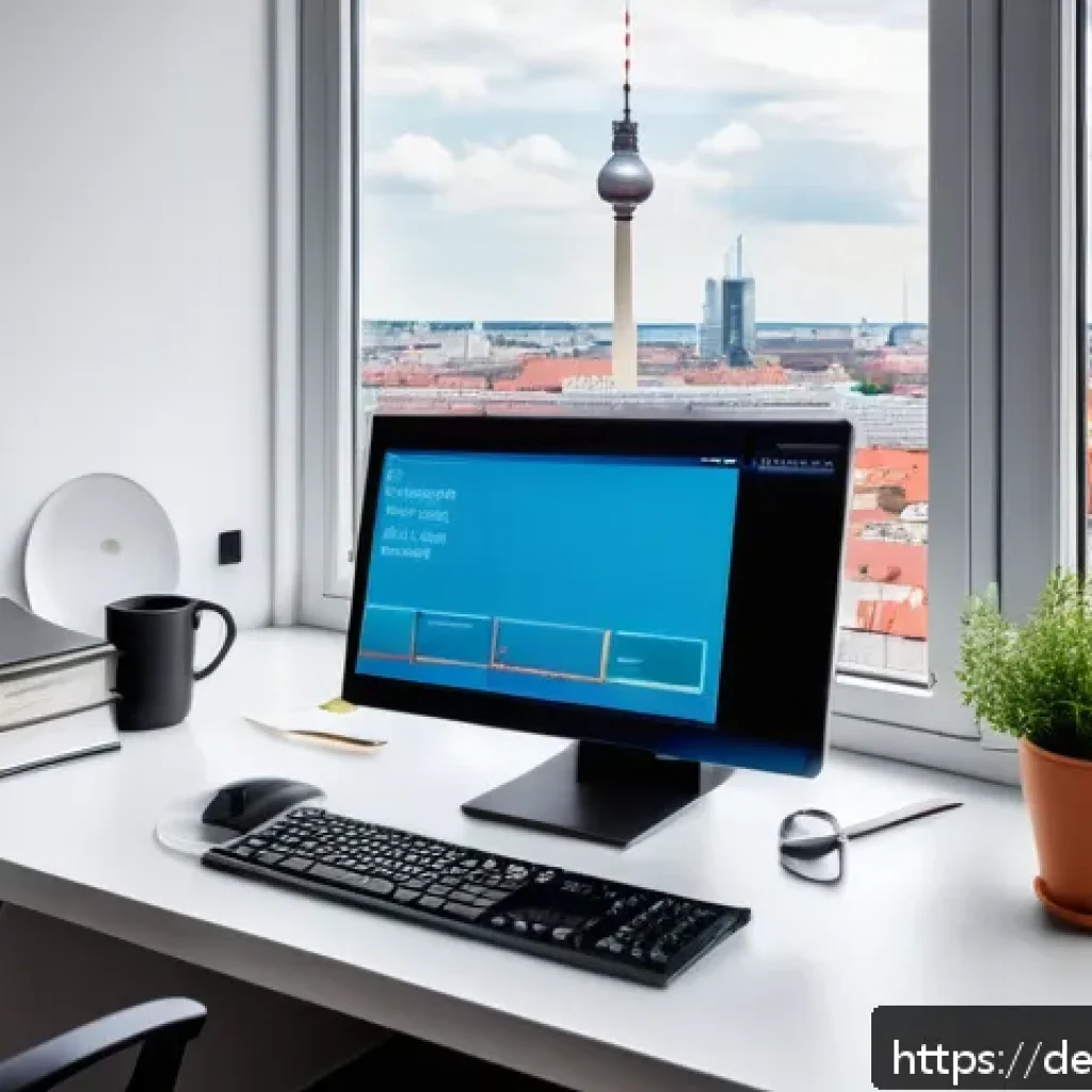 효과적인 인터넷 자료 검색 팁 - A modern German home office scene focused on digital research and study: a sleek desk with a large m...