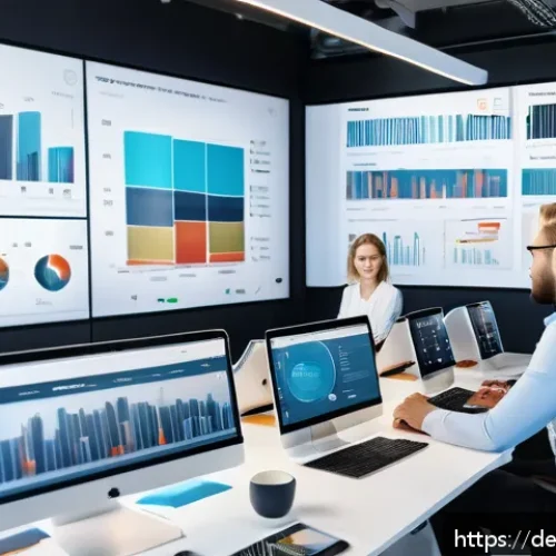 Home 17 소셜 미디어를 통한 자료 수집 전략 - A modern German office environment showing a diverse team of marketing professionals analyzing socia...
