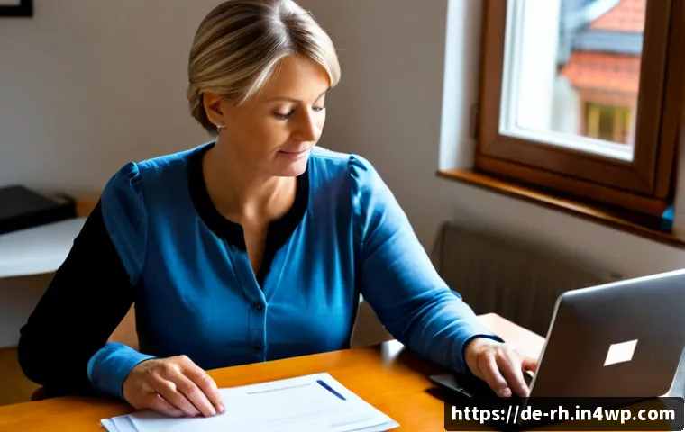 Home 17 온라인 자원 활용 시 주의해야 할 점 - Photorealistic home office scene in Germany, a middle-aged woman carefully reviewing privacy setting...